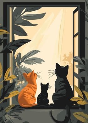 Three Cats Looking Out Window