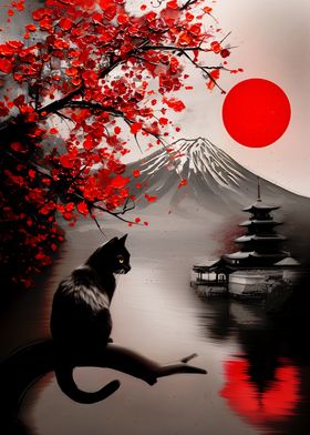 Abstract Fuji mountain feline serene painting