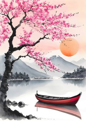 Cherry Blossom Lake Japanese Ink Art