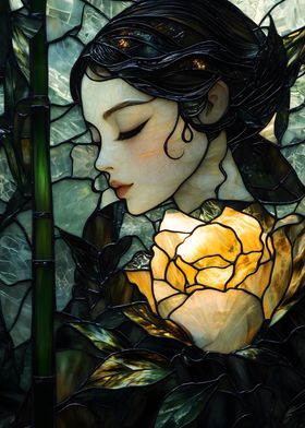 Stained Glass Woman and Rose