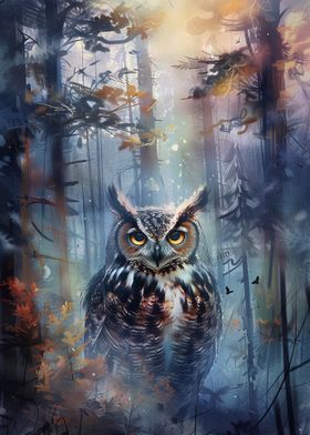 Wise Owl in Misty Forest