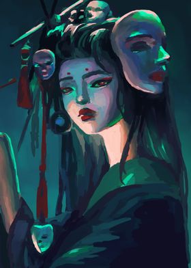 Cyberpunk Geisha with Masks