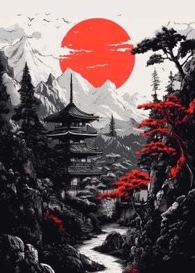 Japanese Pagoda Sunset Red moon