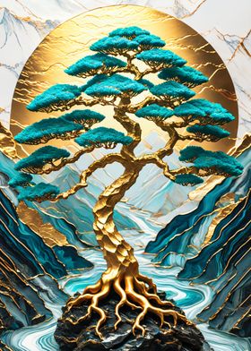 Japanese Art Landscape Golden Bonsai Tree Mountains Background and River flowing 