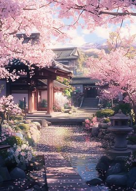 Japanese Garden with Cherry Blossoms