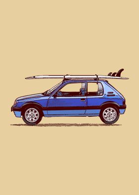 Blue Peugeot 205 GTI with Surfboard