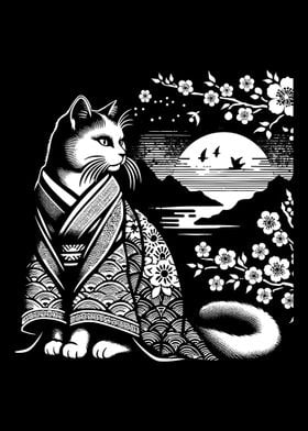 Cat in Kimono Under Moon