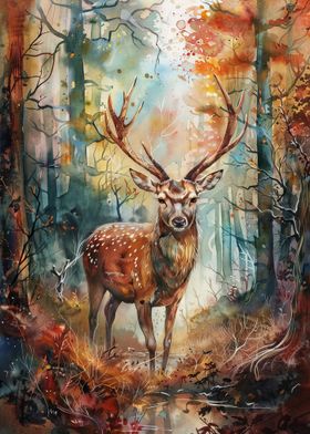 Watercolor Deer in Forest