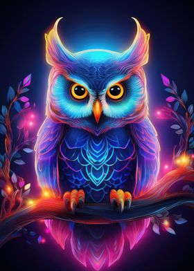 Neon Owl on Branch