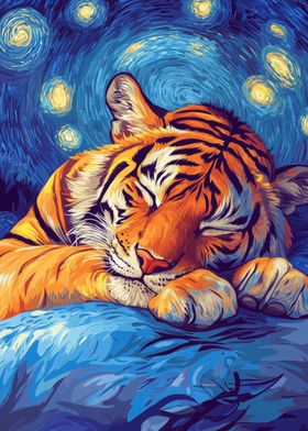 Tiger Sleeping Under Starry Night