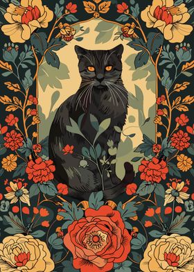 Black Cat in Floral Frame