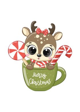 Cute Christmas Reindeer in Mug