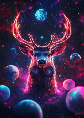 Cosmic Deer Neon Space Planets