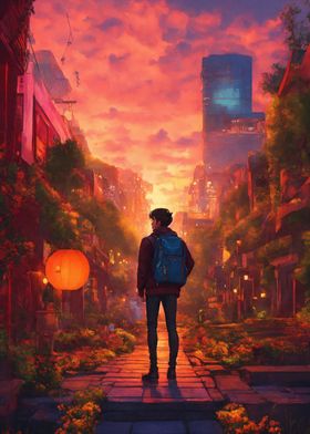 Sunset Cityscape with Lone Figure