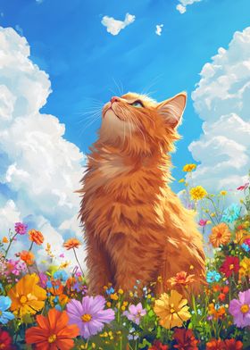 Orange Cat in Flower Field