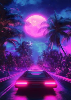 Neon Drive Under the Moon