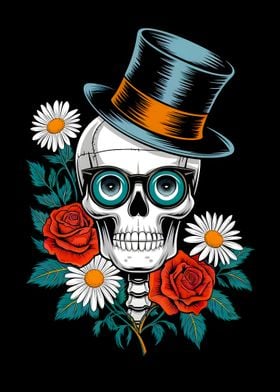 Skull with Flowers and Hat