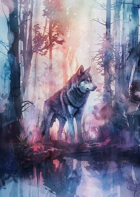 Wolf in Misty Forest