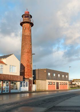 Brick Lighthouse on a Street