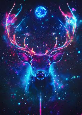 Neon Deer in Space Cosmic Nature