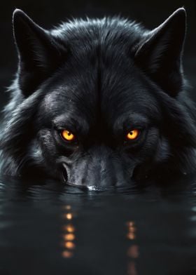 Black Wolf with Glowing Eyes underwater