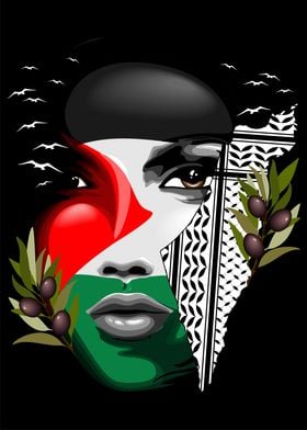 Palestinian Flag and Map Woman's Portrait