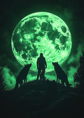 Lone Figure with Wolves Howling at the Moon