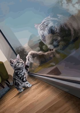 Kitten and Tiger Through Glass