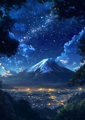 Mount Japan Fuji Light City in Night Sky