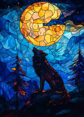 Wolf Howling at the Moon Stained Glass