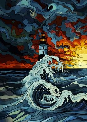 Lighthouse in Stormy Sea