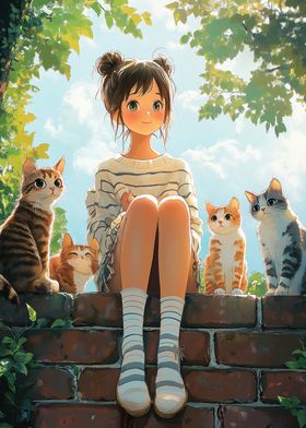 Anime Girl with Cats