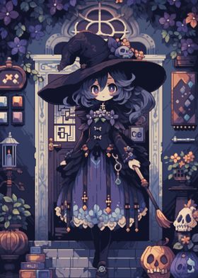 Witch with Broom and Skull