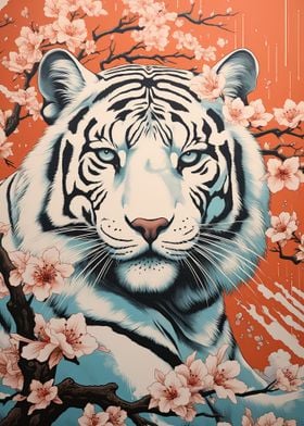 White Tiger with Cherry Blossoms