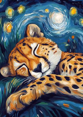 Cheetah Sleeping Under Starry Night