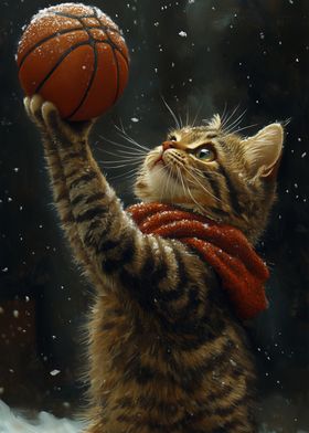 Funny Cat Playing Basketball in Snow