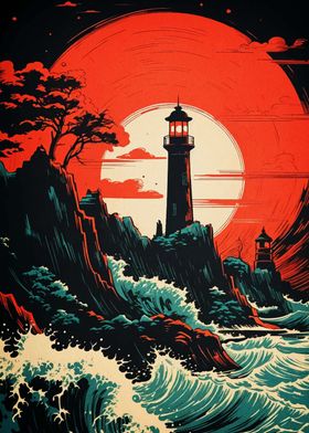 Lighthouse Under Red Moon