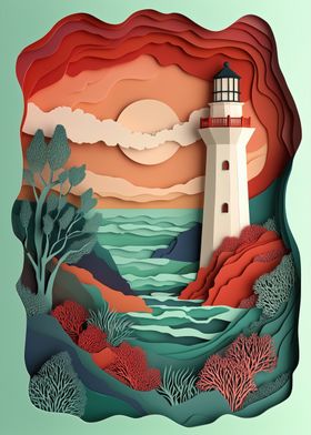 Papercut Lighthouse Sunset