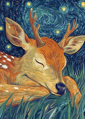 Sleeping Deer Under Starry Night