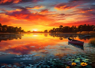 Sunset Lake with Boat