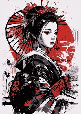 Geisha with Red Sun