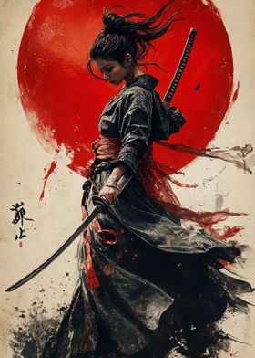 Samurai Woman with Red Sun