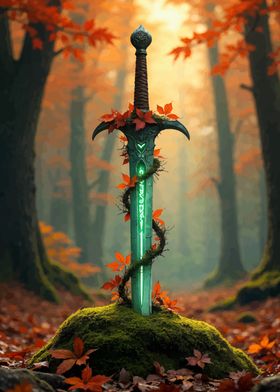 Enchanted Sword in Autumn Forest