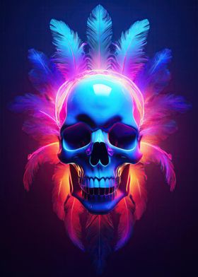 Neon Skull with Feathers