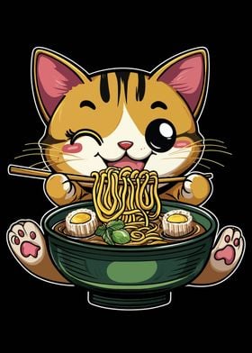 Cute Cat Eating Ramen