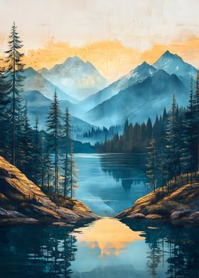 Mountain Lake Sunset Painting