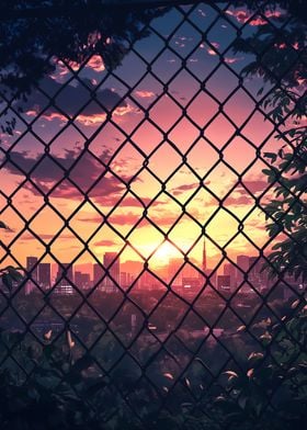 Sunset Cityscape Through Fence