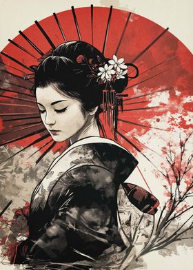 Geisha with Red Umbrella