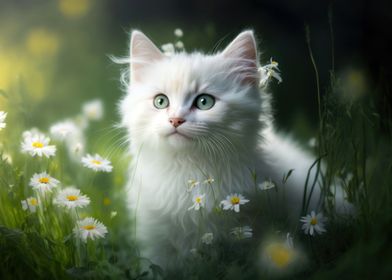 White Kitten in Flowers