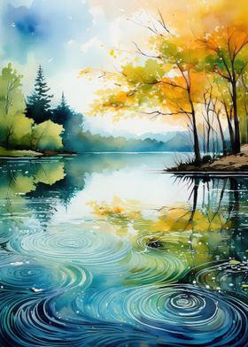 Watercolor Lake Scene